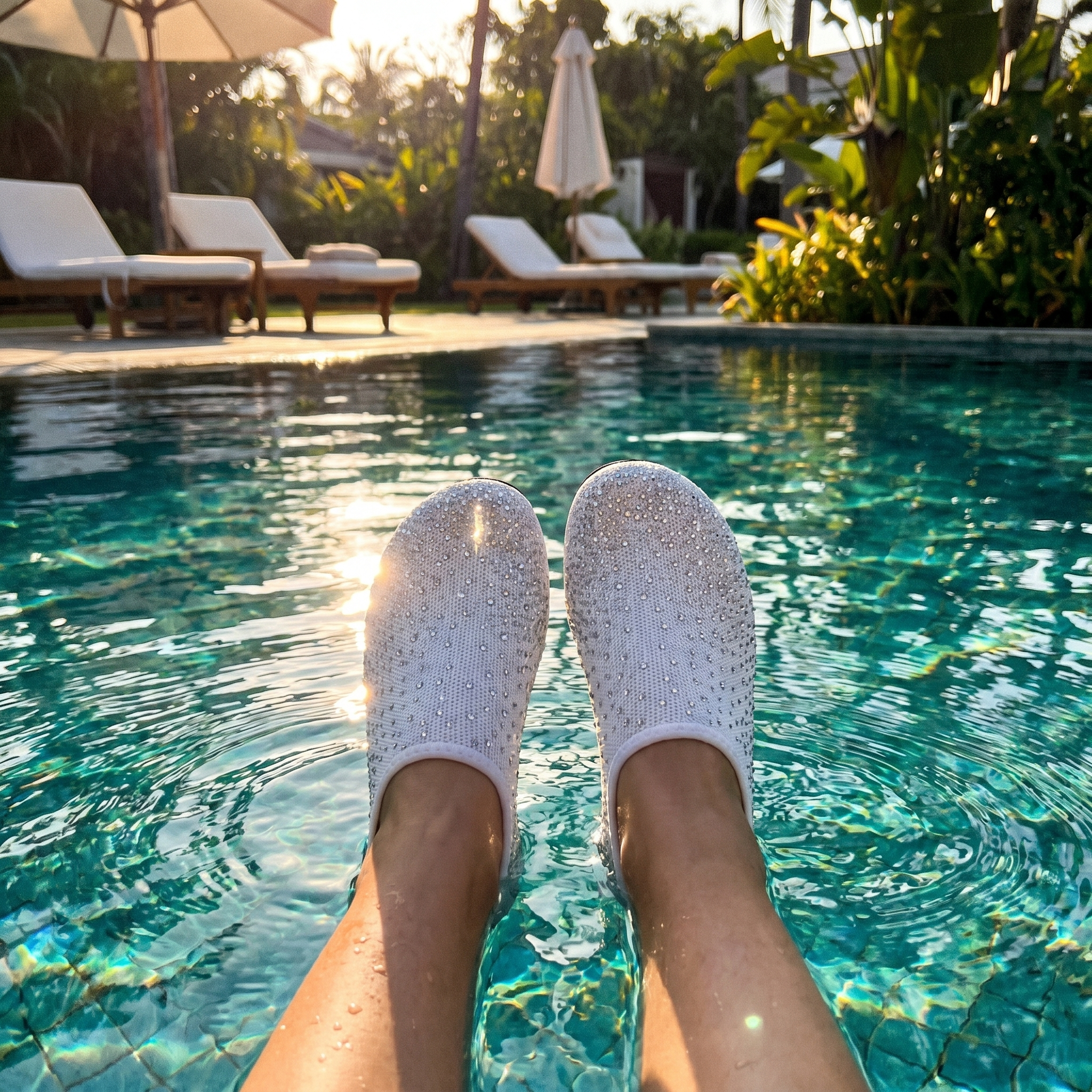 The Lume Rhinestone Water Shoe at resort pool
